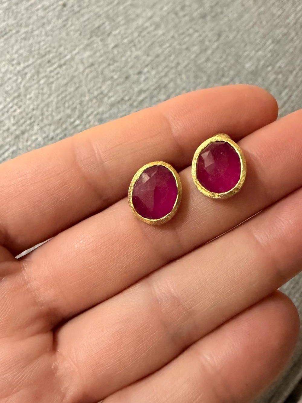 Gold-Edged Ruby Faceted Stone Stud Earrings